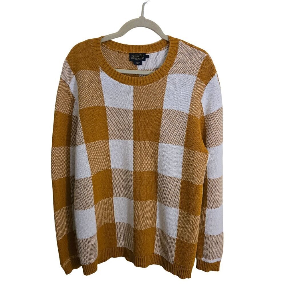 Pendleton Vintage Mustard Cream Buffalo Check Wool Crewneck Sweater Size L